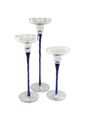 Crystal Candle Holder Set of 3, Blue Stem Candle Holders, Table Centerpiece